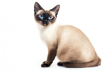 A beautiful Siamese cat with striking blue eyes, showcasing its unique coat and elegant posture against a white background.
