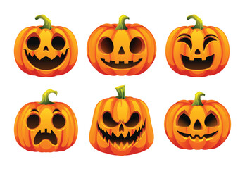 Set of Halloween pumpkins with different facial expressions. Vector cartoon illustration
