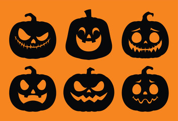 Halloween silhouettes of carved pumpkins with scary and fun expressions. Vector cartoon illustration