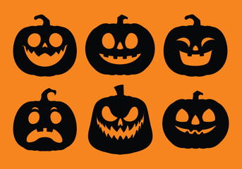 Set of Halloween pumpkin silhouettes with scary and fun expressions. Vector cartoon illustration