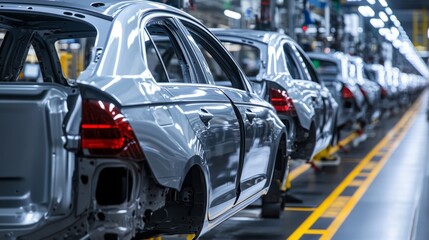 Obraz premium Modern car mass production assembly line in a busy manufacturing factory environment