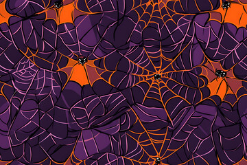 Seamless repeating pattern of cartoon 3D spider webs done in flat style, perfect for Halloween or spooky themed projects, flat line vector style


