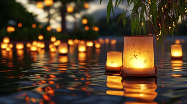 Enchanting floating asian lanterns illuminating water with reflective glowing lights