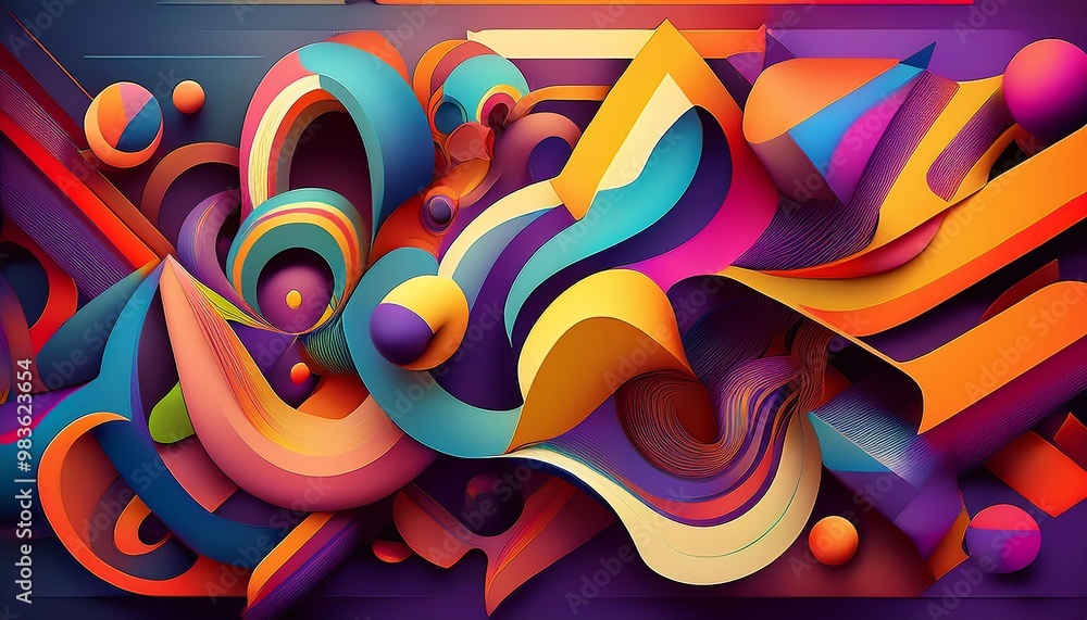Aufkleber a vibrant, abstract composition featuring dynamic shapes, bold colors, and flowing forms that create