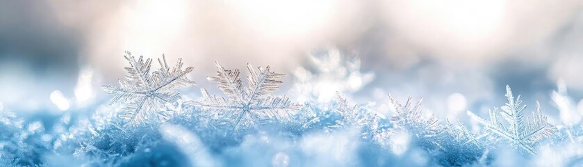 Delicate snowflakes glisten on a soft blanket of snow, capturing the serene beauty of winter's icy landscape.