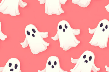 A playful pattern of various cartoon ghosts with expressive faces on a   background. The ghosts have wide eyes and open mouths, evoking surprise or fright. Ideal for Halloween designs. AI-generated