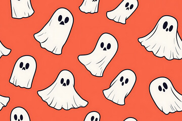 A playful pattern of various cartoon ghosts with expressive faces on a background. The ghosts have wide eyes and open mouths, evoking surprise or fright. Ideal for Halloween designs