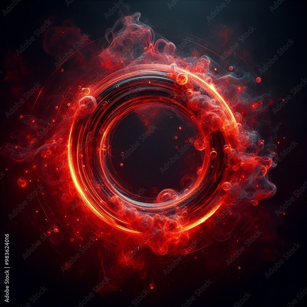 Poster fractal burst of energy in a futuristic red and black space with glowing circles and swirling patter