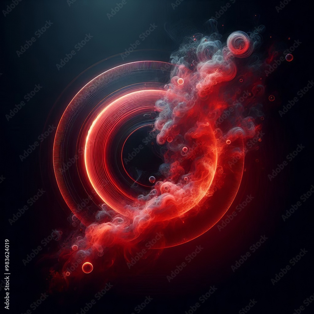 Poster fractal burst of energy in a futuristic red and black space with glowing circles and swirling patter