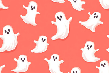 A playful pattern of various cartoon ghosts with expressive faces on a   background. The ghosts have wide eyes and open mouths, evoking surprise or fright. Ideal for Halloween designs. AI-generated