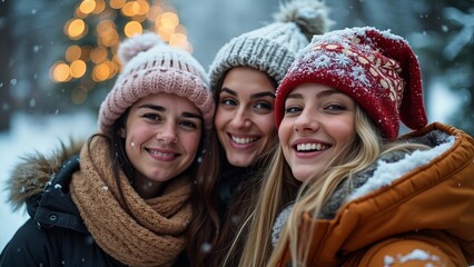 Happy Friends in Winter Snow Celebrating Christmas Together