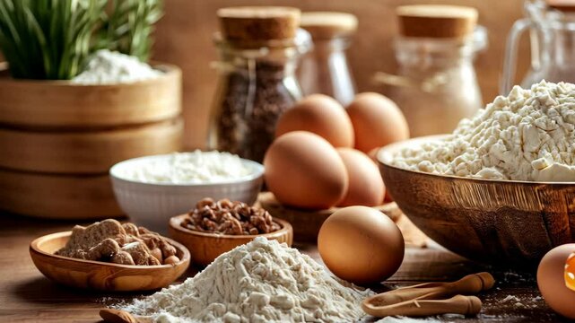 Baking ingredients arranged on a wooden table with flour, eggs, and spices ready for a delicious recipe