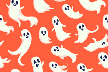 A playful pattern of various cartoon ghosts with expressive faces on a   background. The ghosts have wide eyes and open mouths, evoking surprise or fright. Ideal for Halloween designs