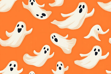 A playful pattern of various cartoon ghosts with expressive faces on a   background. The ghosts have wide eyes and open mouths, evoking surprise or fright. Ideal for Halloween designs. AI-generated