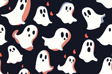 A playful pattern of various cartoon ghosts with expressive faces on a   background. The ghosts have wide eyes and open mouths, evoking surprise or fright. Ideal for Halloween designs