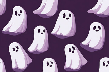 A playful pattern of various cartoon ghosts with expressive faces on a   background. The ghosts have wide eyes and open mouths, evoking surprise or fright. Ideal for Halloween designs
