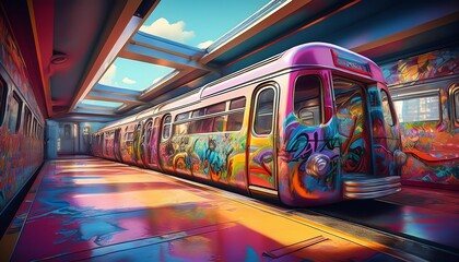Obraz premium A vibrant, graffiti-covered train stands in a colorful, artistic station bathed in sunlight, showcasing urban creativity and modern design.