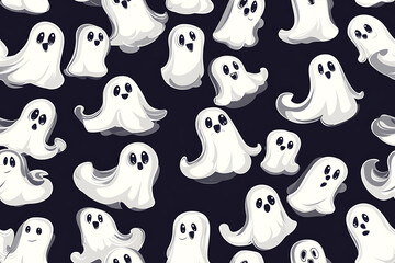 A playful pattern of various cartoon ghosts with expressive faces on a   background. The ghosts have wide eyes and open mouths, evoking surprise or fright. Ideal for Halloween designs