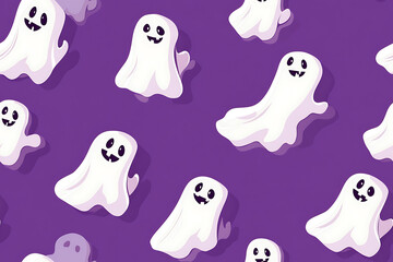 A playful pattern of various cartoon ghosts with expressive faces on a   background. The ghosts have wide eyes and open mouths, evoking surprise or fright. Ideal for Halloween designs