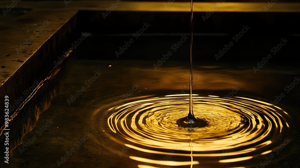 Poster water dripping into a reflective surface, creating ripples illuminated by warm light.