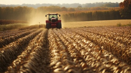 Fototapeta premium A red tractor is driving through a field of corn
