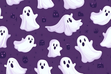 A playful pattern of various cartoon ghosts with expressive faces on a   background. The ghosts have wide eyes and open mouths, evoking surprise or fright. Ideal for Halloween designs. AI-generated