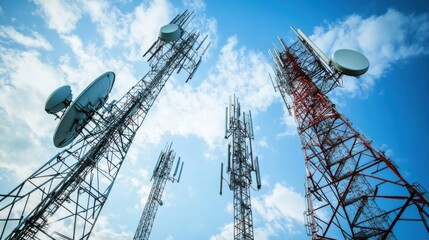 A group of tall towers with antennas on top, one of which is red and white