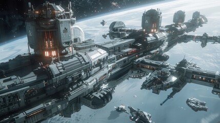 Space Station Orbiting a Planet