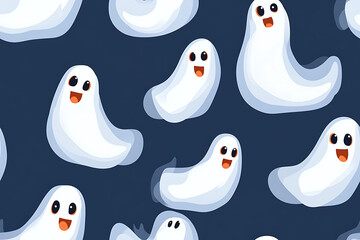 A playful pattern of various cartoon ghosts with expressive faces on a   background. The ghosts have wide eyes and open mouths, evoking surprise or fright. Ideal for Halloween designs. AI-generated