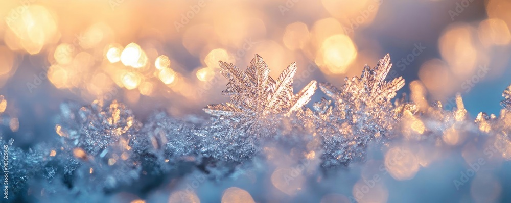 Poster close-up of a snowflake illuminated by warm light, showcasing intricate patterns and a beautiful ble