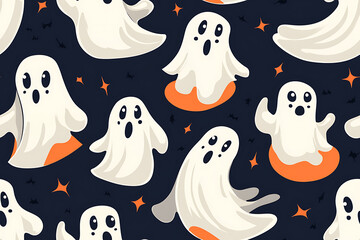 A playful pattern of various cartoon ghosts with expressive faces on a   background. The ghosts have wide eyes and open mouths, evoking surprise or fright. Ideal for Halloween designs. AI-generated
