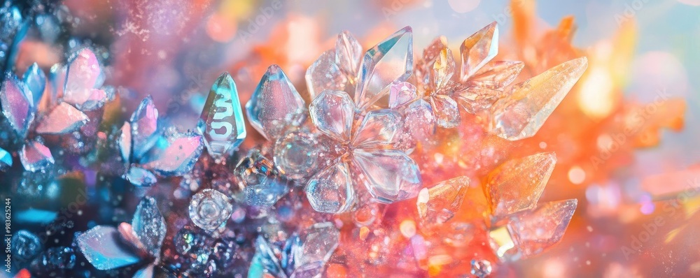 Poster a close-up of shimmering crystals reflecting vibrant light, creating a mesmerizing display of colors