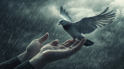 A hand holding a pigeon in the rain