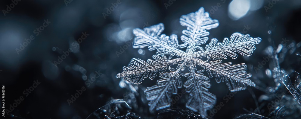Poster an intricate snowflake showcasing its delicate structure against a dark background, perfect for wint
