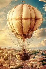 Obraz premium A vintage hot air balloon soaring above a picturesque cityscape at sunset.