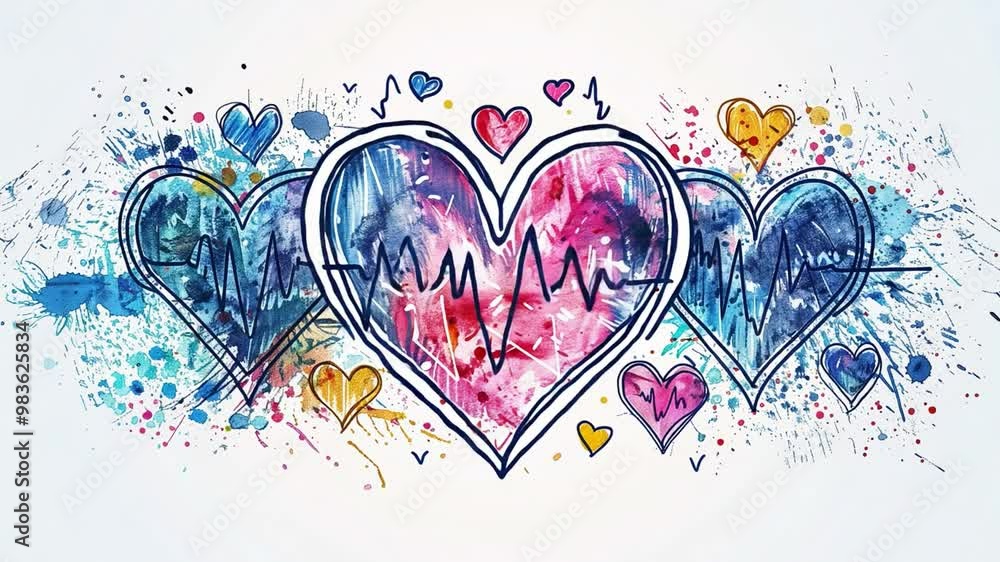 Fototapete three artistic hearts filled with vibrant colors and heartbeat lines symbolize love and emotions, cr