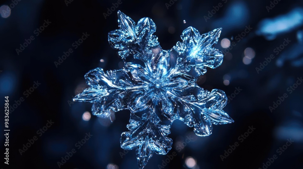 Poster a close-up view of a detailed snowflake glimmering in the light, showcasing its unique crystalline s