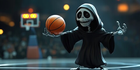 3D animated cartoon grim reaper playing basketball 