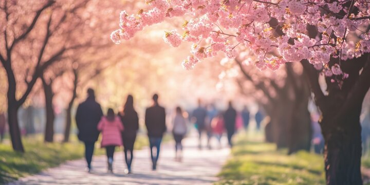 People walking through a cherry blossom path, defocused - Powered by Adobe