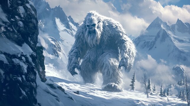 Mysterious yeti trekking through snow covered mountain landscape in winter wilderness - Powered by Adobe