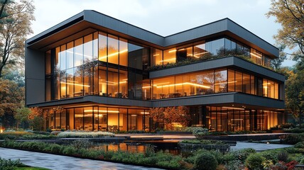 Obraz premium Modern glass building with warm lighting in a landscaped setting.