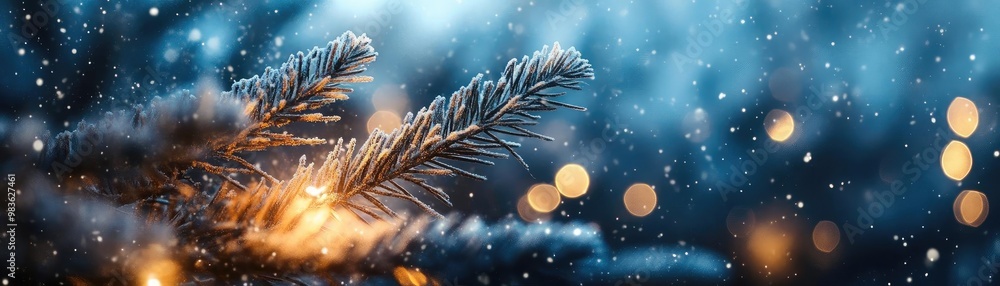 Poster a serene winter scene featuring snowflakes falling on a pine branch with warm bokeh lights in the ba