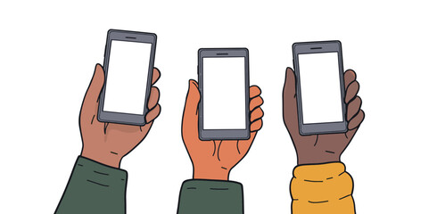 Three hands are holding smartphones with blank screens, ready for interaction.