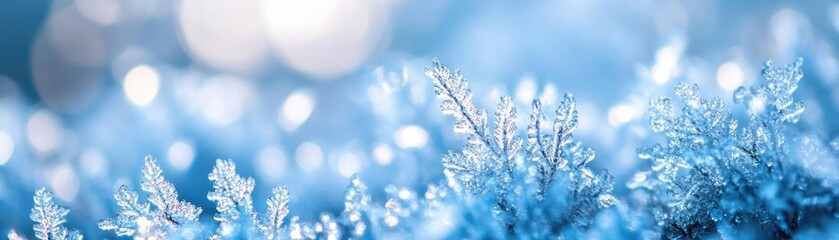 A close-up view of delicate frost crystals shimmering in blue light, creating a serene winter atmosphere.