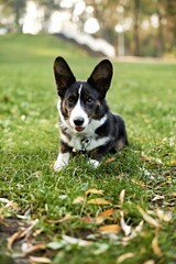 A playful corgi lying on grass in a park, enjoying a sunny day outdoors.