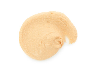 Sample of delicious hummus isolated on white, top view