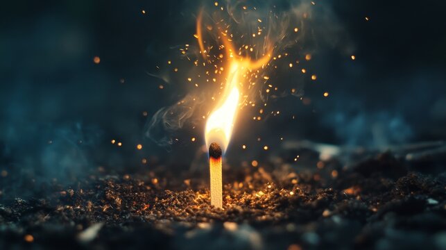 A matchstick igniting represents the spark of a larger event about to unfold with intensity.
