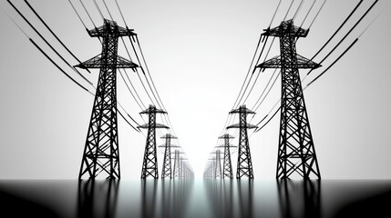 Monochrome illustration of high voltage power line towers, electric transmission design