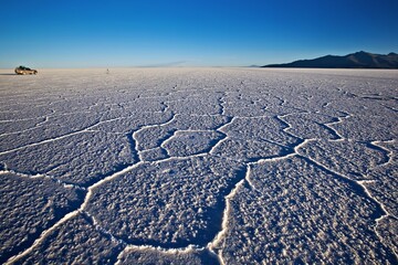 A vast salt flat with hexagonal patterns under a clear blue sky.