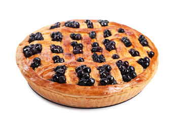 Tasty homemade pie with blueberries isolated on white